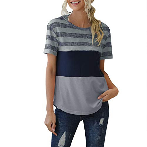 YAnGSale Top Color Block Blouse Womens Casual T-Shirt Patchwork Striped Shirt Short Sleeve Tee Tops O-Neck Sweatshirt -Gray L-