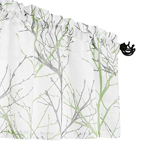 Fmfunctex Kitchen Valance Curtain for Bedroom Green and Grey Branch Print on Linen Texture Look Window Valance for Living Room 50 inch W x 18 inch L 1 Panel Rod Pocket