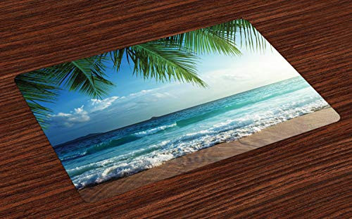 Ambesonne Ocean Place Mats Set of 4 Palms Tropical Island Beach Seashore Water Waves Hawaiian Nautical Marine Washable Fabric Placemats for Dining Room Kitchen Table Decor Blue Green