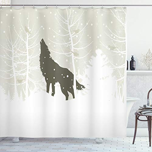 Ambesonne Winter Shower Curtain Wolf Silhouette Howls in Woods Leafless Trees Snowflakes Wilderness Cloth Fabric Bathroom Decor Set with Hooks 70 inch Long Green Eggshell