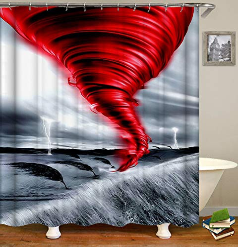 Tornado Shower Curtains Fabric  Awesome Red Grey Designer Polyester Cloth Print Bathroom Curtains Include Hooks Set 72?w by 72?L