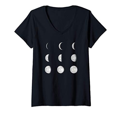 Womens Moon Phases Lunar Phase Gothic Goth Witchy Wicca Witchcraft V-Neck T-Shirt