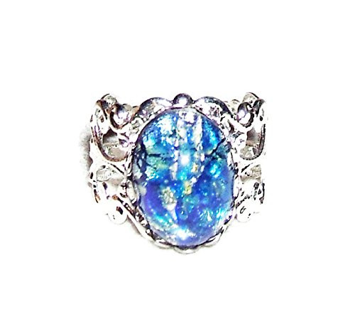 BLUE OPAL RING SILVER PLTD CZECH GLASS OPALIZED BLUE GREEN SEA STONE WITH ADJUSTABLE BAND