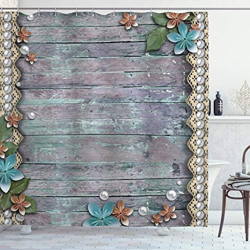 Ambesonne Pearls Shower Curtain Floral Rustic Designed Pearls and Lace Like Design Flowers Wooden Background Print Cloth Fabric Bathroom Decor Set with Hooks 75 inch Long Brown Blue