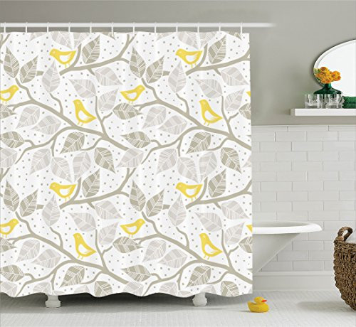 Ambesonne Leaves Shower Curtain Grey Decor Collection, Birds on the Branch with Pastel Colored on Dotted Background Nature Art Home, Polyester Fabric Bathroom Set with Hooks, Yellow Gray White