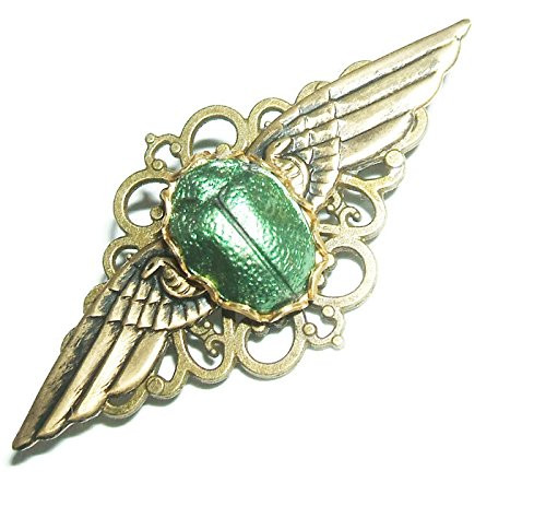 EGYPTIAN REVIVAL SCARAB Brooch Pin Metallic Green Winged Beetle Art Deco Gold Plt