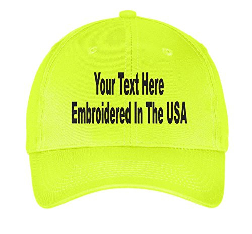 Custom Hat Embroidered. Your Own Text. Adjustable Back. Curved Bill -Neon Yellow-