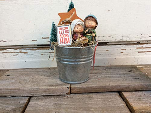 AGD Christmas Decor Prim Adore Him Nativity Tin Pail Display AGD Christmas Decor Prim Adore Him Nativity Tin Pail Display