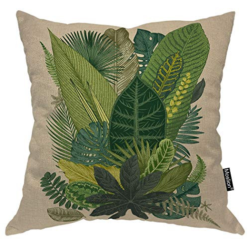 Moslion Leaf Throw Pillow Case Vintage Tropical Palm Tree Fern Banana Leaves Botanical Plant Pillow Cover Decorative Square Cushion Accent Cotton Linen 20x20 Inch for Sofa Chair Green