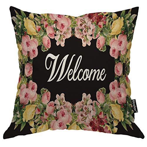 Moslion Floral 18x18 Inch Pillow Case Welcome Word Rose Tulip Flower Wreath Leaves Decorative Throw Pillow Cover Square Cushion Cotton Linen Canvas for Women Men Black Pink Yellow