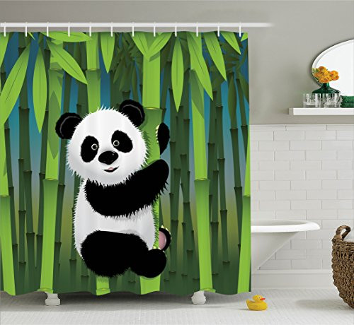 Ambesonne Cartoon Decor Collection, Curious Baby Panda on Stem of the Bamboo Bear Jungle Nature Wood Design Pattern, Polyester Fabric Bathroom Shower Curtain Set with Hooks, Green Blue Black White