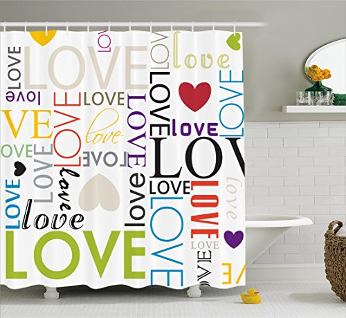 Ambesonne Love Decor Collection, Love Heart Shape Pattern Colorful Typography Engagement Modern Artistic Image, Polyester Fabric Bathroom Shower Curtain Set with Hooks, Green Black Red Purple Ambesonne Love Decor Collection, Love Heart Shape Pattern Colorful Typography Engagement Modern Artistic Image, Polyester Fabric Bathroom Shower Curtain Set with Hooks, Green Black Red Purple
