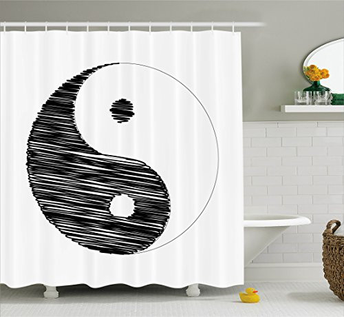 Ambesonne Ying Yang Decor Collection, Sketchy Style Yin Yang Pattern Active and Passive Power of Cosmos Asian Zen Themed, Polyester Fabric Bathroom Shower Curtain Set with Hooks, Black White