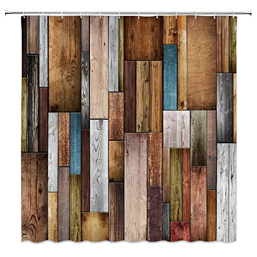Wooden Shower Curtain Teal Gray Rustic Farmhouse Planks Barn Hardwood Vintage Print Home Bathroom Decor Quick Dry Fabric with 12 Hooks?70x70 Inch?Brown