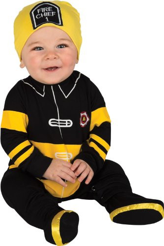 Rubies Costume Babys First Halloween Fire Fighter One-Piece Printed Jumper Hat and Booties Black/Yellow 6-12 Months