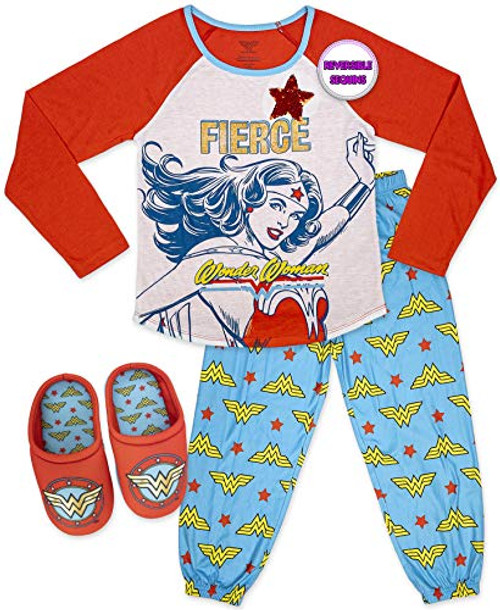 Wonder Woman Girls Long Sleeve Pajama2 Piece Set PJ with SlippersRed100 percent PolyesterSize 10/12