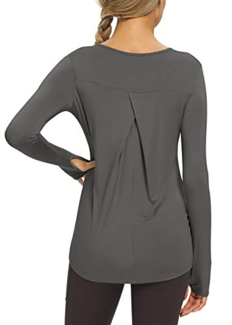 Bestisun Yoga Tops for Women Long Sleeve Tunic Workout Tops Athletic Gym Shirts Yoga Clothes Sport Tops Activewear Running Exercise Shirts with Thumb Holes Deep Gray M
