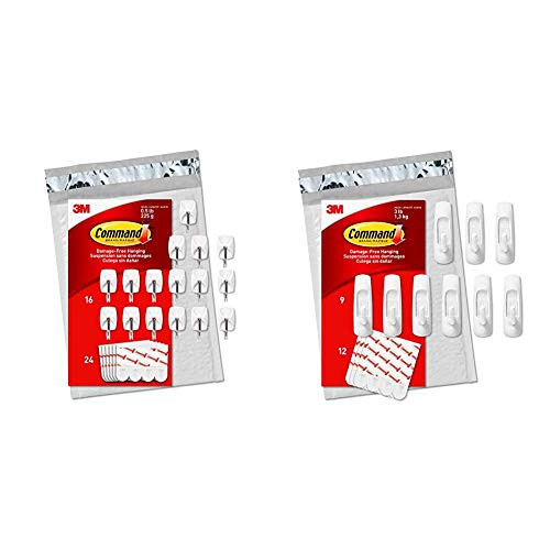 Command Wire Hooks 16 Hooks 24 Strips White Small Easy to Open Packaging -GP067-16NA- with White Hooks -GP001-9NA-- 9 Hooks and 12 Strips