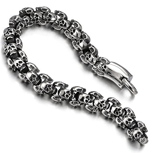 COOLSTEELANDBEYOND Gothic Biker Vintage 3D Link of Skulls Bracelet for Men Women Polished COOLSTEELANDBEYOND Gothic Biker Vintage 3D Link of Skulls Bracelet for Men Women Polished