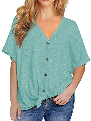 VIISHOW Womens Waffle Knit Tunic Blouse Tie Knot Henley Tops Loose Fitting Bat Wing Plain Shirts Blue Green X-Small