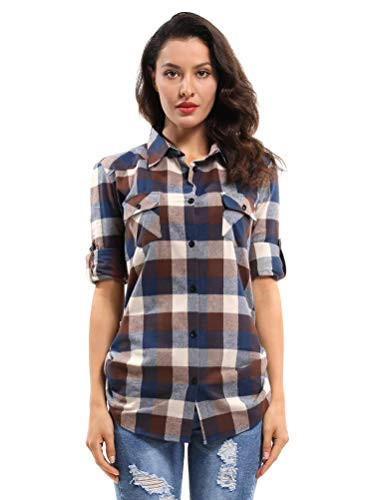 OCHENTA Womens Long Sleeve Button Down Plaid Flannel Christmas Shirt D044 Coffee Blue White M