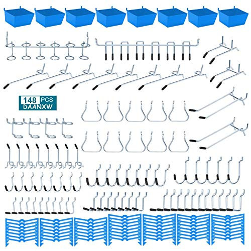 148PCS Pegboard Accessories Organizer Kit Pegboard Bins Pegboard Set for Tools 1/8 and 1/4 inch Pegboard Hooks Assortment Pegboard Bins Metal Hooks for Hanging Storage -Blue-