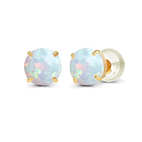 14K Yellow Gold Plated Sterling Silver 6mm Round Created Opal Birthstone Prong Set Stud Earrings For Women and Girls