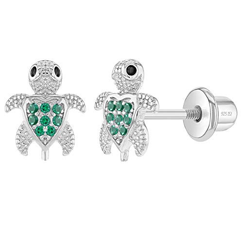 925 Sterling Silver Girls Green Cubic Zirconia Screw Back Sea Animal Themed Earrings - Turtle Stud Earrings for Young Girls  and  Teens - Safety Screw Back Locking for Little Girls Daily Use