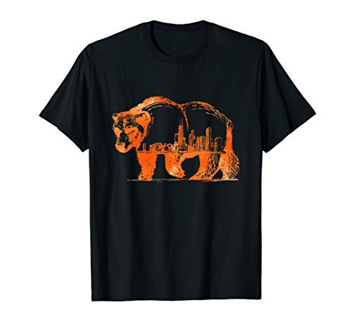 Downtown Chicago City Skyline Walking Bear Silhouette Gift T-Shirt