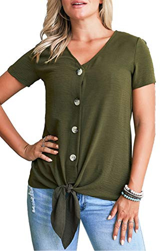 Dokotoo Womens Fashion Casual Summer Button Down Front Tie Short Sleeve V Neck Blouses Tops T Shirts Green 2XL
