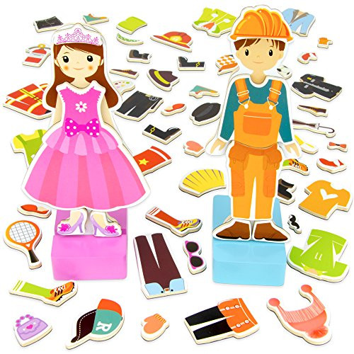 Imagination Generation Zoey  and  Joey Magnetic Dress-up Playset  Mix-and-Match 65 Pieces Including Clothes Hats  and  Accessories - Wooden Wonders Toy