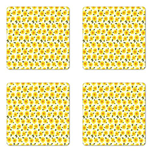 Lunarable Daffodil Coaster Set of 4 Retro Abstract Small Bedding Plants Flourishing Meadow Girls Kids Design Square Hardboard Gloss Coasters for Drinks Yellow Green Orange