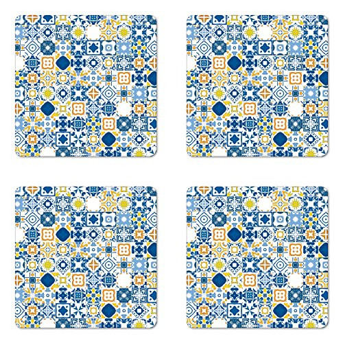 Ambesonne Yellow and Blue Coaster Set of 4 Mosaic Portuguese Azulejo Mediterranean Effect Square Hardboard Gloss Coasters Standard Size Mustard White
