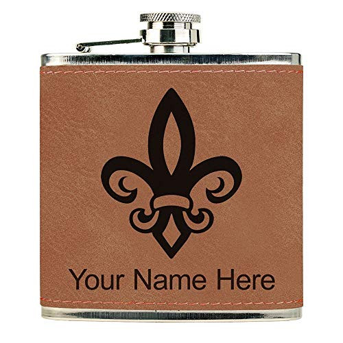 Faux Leather Flask Fleur de Lis Personalized Engraving Included -Dark Brown-