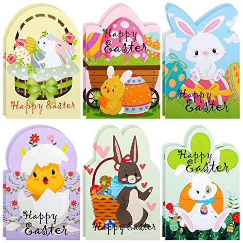 12 Pieces Greetings Easter Greeting Cards Happy Easter Note Cards in 6 Different Designs Colorful Cut Out Easter Bunny Designs for Friends Lovers Family 4 x 6 Inch