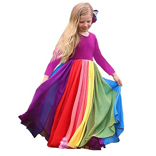 Toddler Kids Baby Girl Summer Dress Clothes Rainbow Ruffle Strap Dress Backless Princess Sundress Playwear Outfits -Rose Long Sleeve 8_Years-