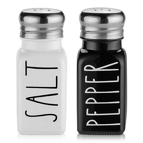 Farmhouse Salt and Pepper Shakers Set by Brighter Barns - Cute Modern Farmhouse Kitchen Decor for Home Restaurants Wedding - Gorgeous Vintage Glass Black White Shaker Sets with Stainless Steel Lids