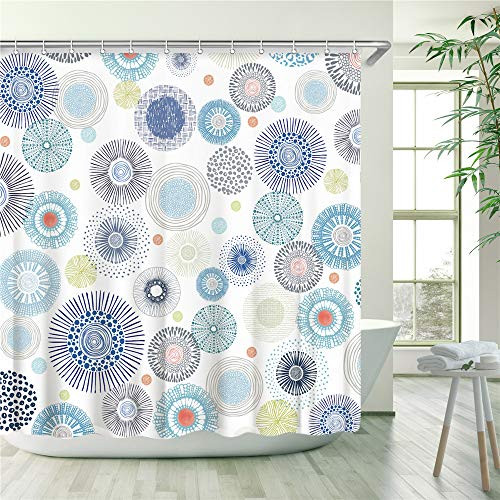 Stacy Fay Blue Shower Curtain Colorful Circle and Firework Shower Curtains Set with 12 Hooks Waterproof Fabric Bathroom Curtain Decorative Blue Firework Circle White Shower Curtain 72 x 72 Inch