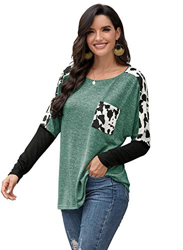Lancholy Womens Long Sleeve Leopard Tops Shirts Loose Fit Color Block Pullover Sweatshirts Tunics Green XL
