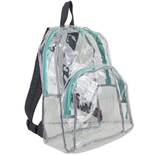 Eastsport Clear Backpack Fully Transparent with Adjustable Colorful Padded Straps -Clear/Graphite/Pool Green Trim-