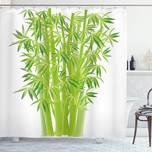 Ambesonne Exotic Shower Curtain Bamboo Stems with Leaves Fresh Bunch Tropical Plant Eco Foliage Print Cloth Fabric Bathroom Decor Set with Hooks 70 inch Long Green White