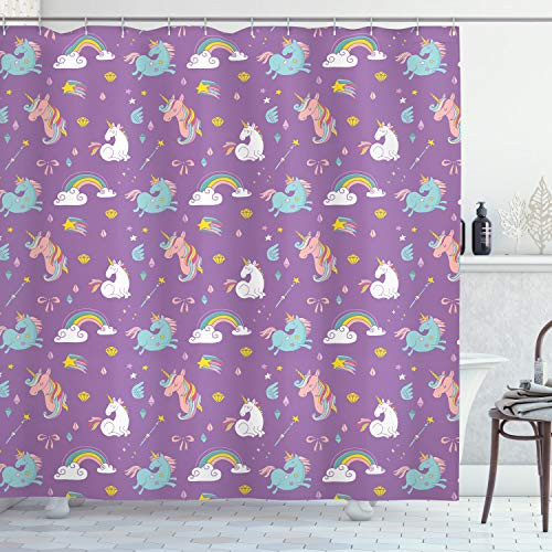 Ambesonne Magic Shower Curtain Unicorn and Rainbow Diamond Wand Pattern Nursery Baby Girl Creature Print Cloth Fabric Bathroom Decor Set with Hooks 75 inch Long Violet