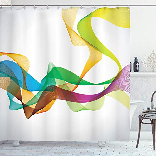 Ambesonne Abstract Shower Curtain Styled Wavy Ribbon Line and Smoked Rainbow Like Cool Graphic Artwork Cloth Fabric Bathroom Decor Set with Hooks 70 inch Long Multi Colored