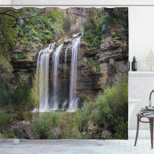 Ambesonne Nature Shower Curtain Photo of Waterfall Forest Jungle Corleone Sicily Rocks Trees Grass Landscape Cloth Fabric Bathroom Decor Set with Hooks 70 inch Long White Brown