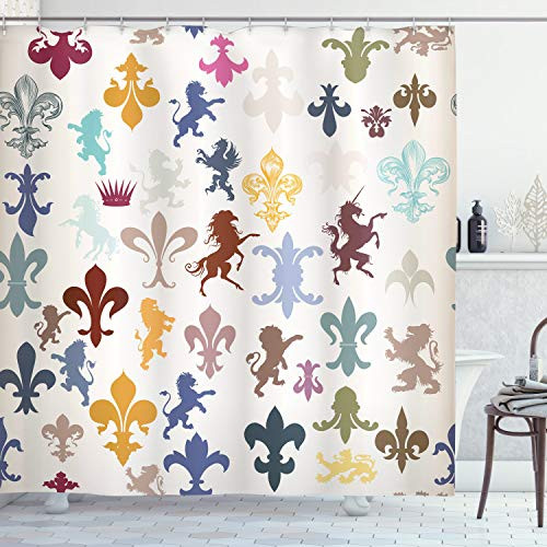 Ambesonne Fleur De Lis Shower Curtain Pattern with Lions Horses Griffins Unicorn and Fleur-de-Lis Fantasy Art Cloth Fabric Bathroom Decor Set with Hooks 70 inch Long Ivory