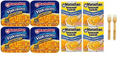 Maruchan Instant Lunch and Yakisoba Cheddar Cheese Variety 2.25-4 Ounce Packages -Pack of 8- - with Spice of Life Bamboo Sporks