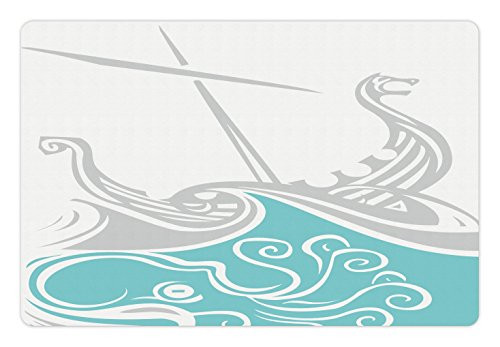 Lunarable Kraken Pet Mat for Food and Water Viking Longship Sailing into The Waves with Scandinavian Shields Retro Display Rectangle Non-Slip Rubber Mat for Dogs and Cats Blue and Grey