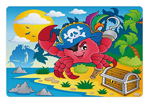 Lunarable Pirate Pet Mat for Food and Water Cartoon Crab with Eye Patch Pirate Hat Hook Pegleg Deserted Island Coast Jungle Rectangle Non-Slip Rubber Mat for Dogs and Cats Multicolor