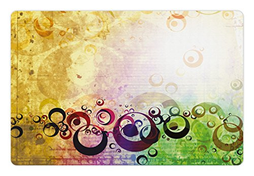Lunarable Yellow Pet Mat for Food and Water Old Grunge Messy Retro Display with Abstract Bubble Like Shapes Antique Style Rectangle Non-Slip Rubber Mat for Dogs and Cats Red Blue Yellow