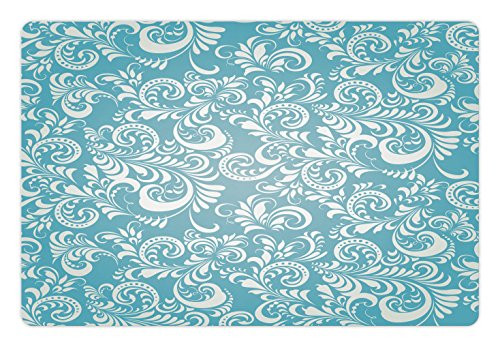 Lunarable Pale Blue Pet Mat for Food and Water Floral Frosty Pattern Display Winter Snow Ice Hoar Theme Rectangle Non-Slip Rubber Mat for Dogs and Cats Pale Blue White